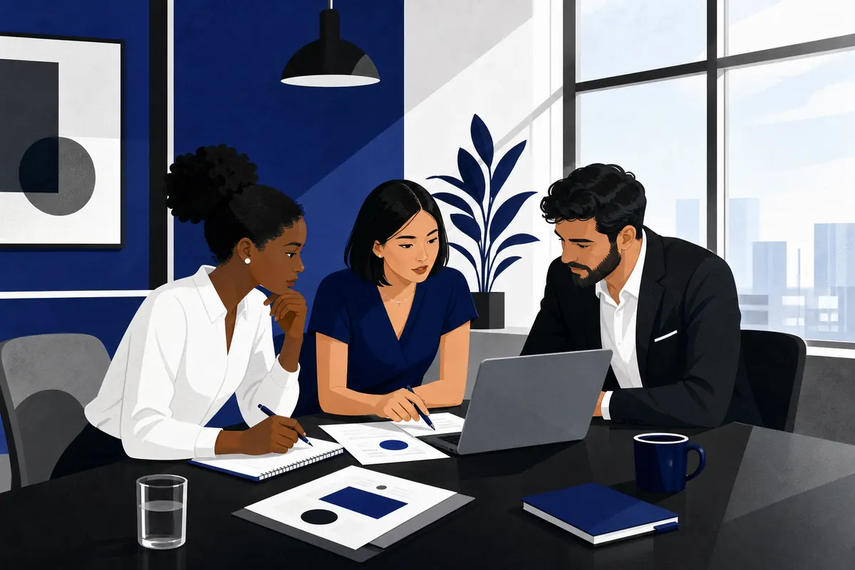 Uma equipe de três pessoas em um escritório discute um projeto em torno de uma mesa com papéis e um laptop.