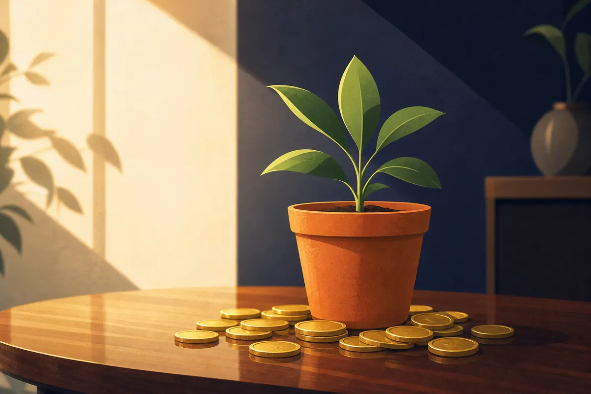 Uma planta crescendo em um vaso sobre uma mesa, com moedas de ouro ao redor da base.