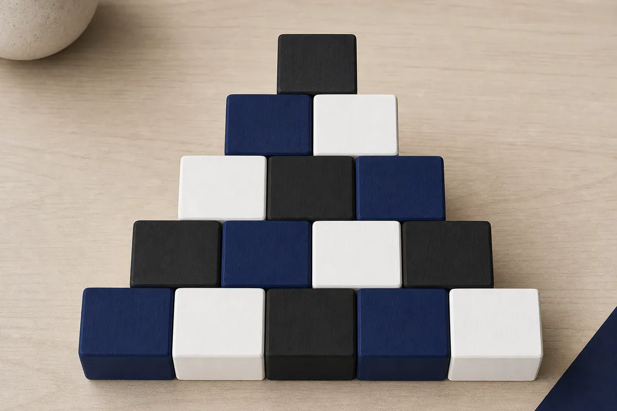 Uma pessoa organiza blocos de madeira coloridos em forma de pirâmide em uma mesa.