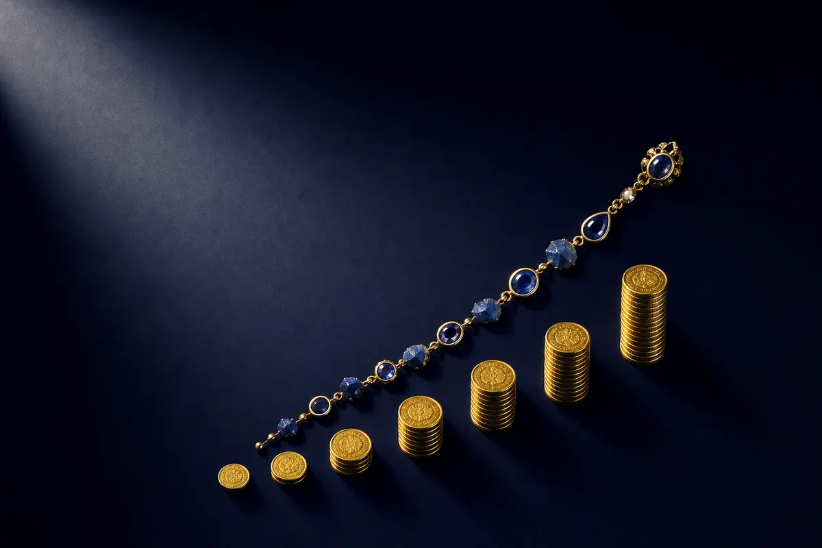 Gráfico de crescimento ascendente feito de moedas de ouro e semijoias, em um fundo escuro e elegante.