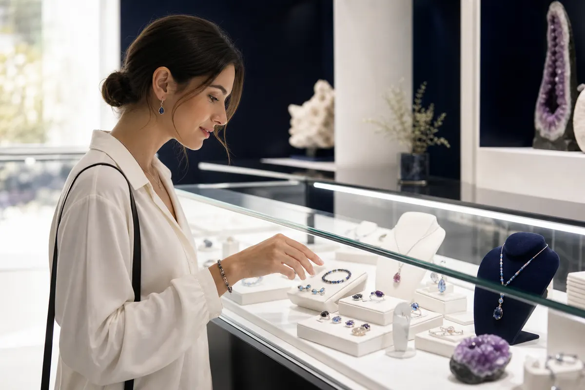 Mulher escolhendo semijoias em uma vitrine de loja, com uma variedade de peças expostas.
