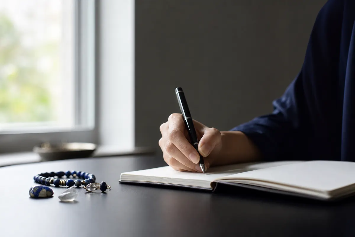 Close-up de uma mão escrevendo em um caderno com uma caneta, com algumas semijoias espalhadas sobre a mesa.