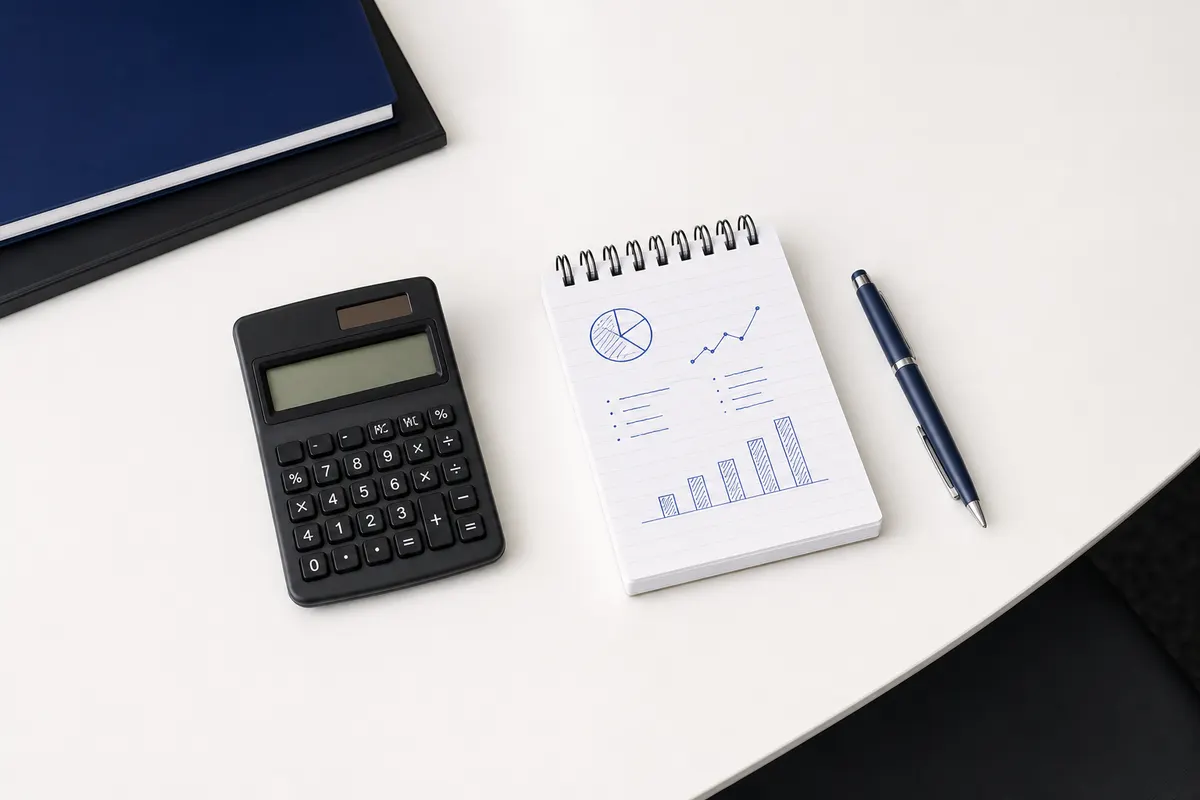 Uma calculadora e um pequeno bloco de notas com anotações sobre vendas de semijoias, em uma mesa de escritório.