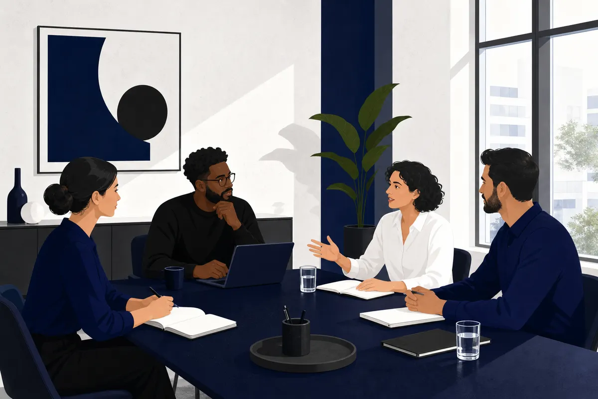 Um grupo de pessoas em uma reunião de brainstorming em uma sala de conferências.