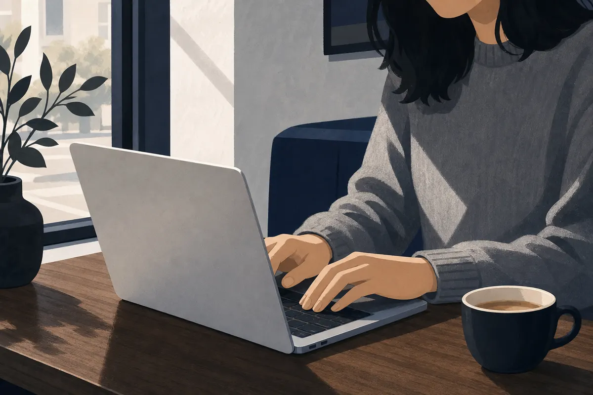 Uma pessoa usando um laptop em um café, com uma xícara de café na mesa.
