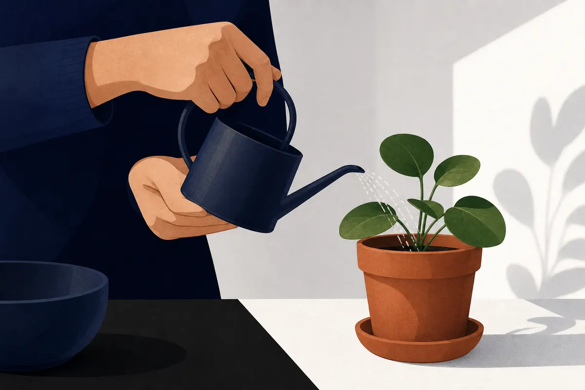 Uma pessoa regando uma planta pequena que está crescendo em um vaso.