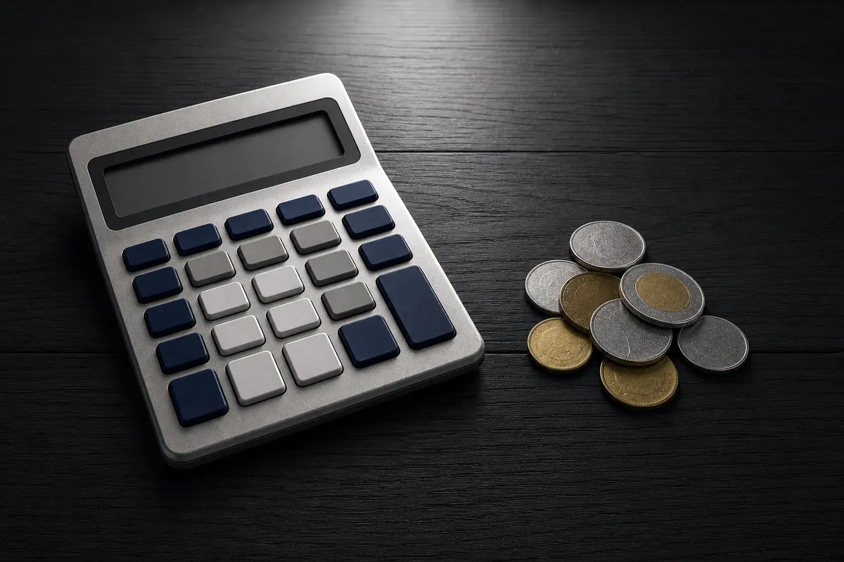 Uma calculadora e algumas moedas de dinheiro em uma mesa de madeira.