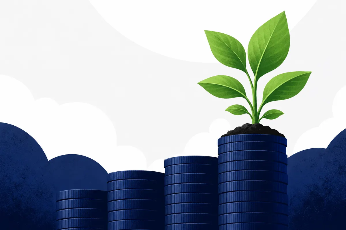 Gráfico de barras subindo com uma planta crescendo no topo, simbolizando crescimento financeiro.
