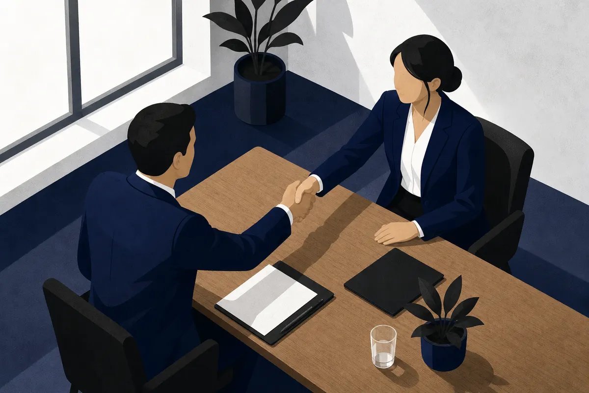 Mãos de empresários apertando-se sobre uma mesa com documentos e um aperto de mão.