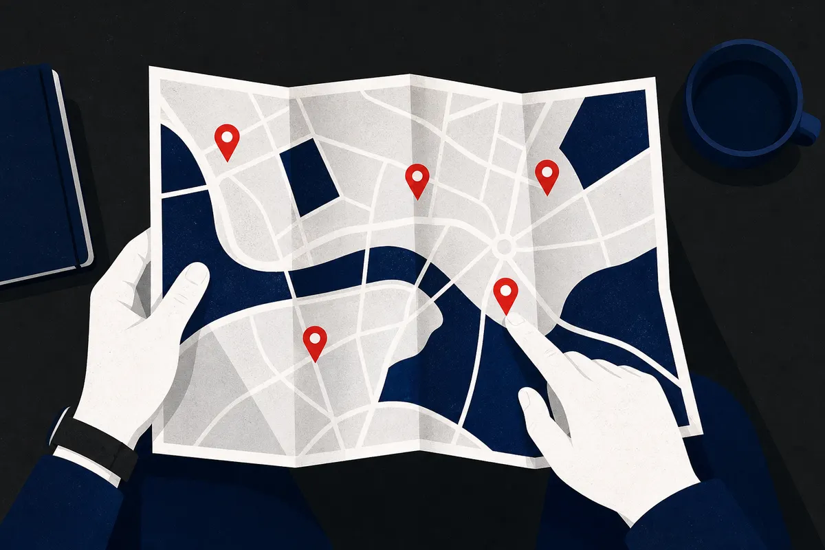 Uma pessoa analisando um mapa com vários pontos de interesse marcados.