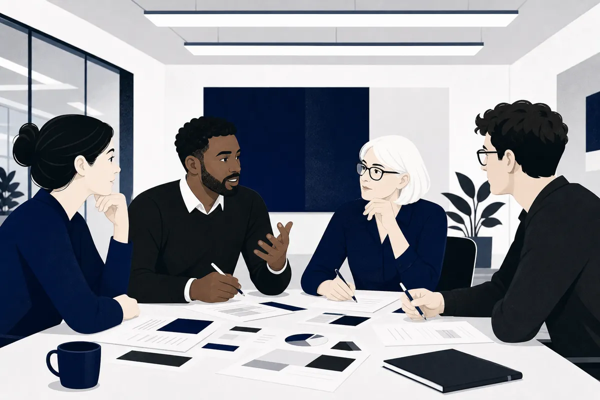 Um grupo de pessoas em uma reunião de negócios discutindo ideias em uma sala de conferências.