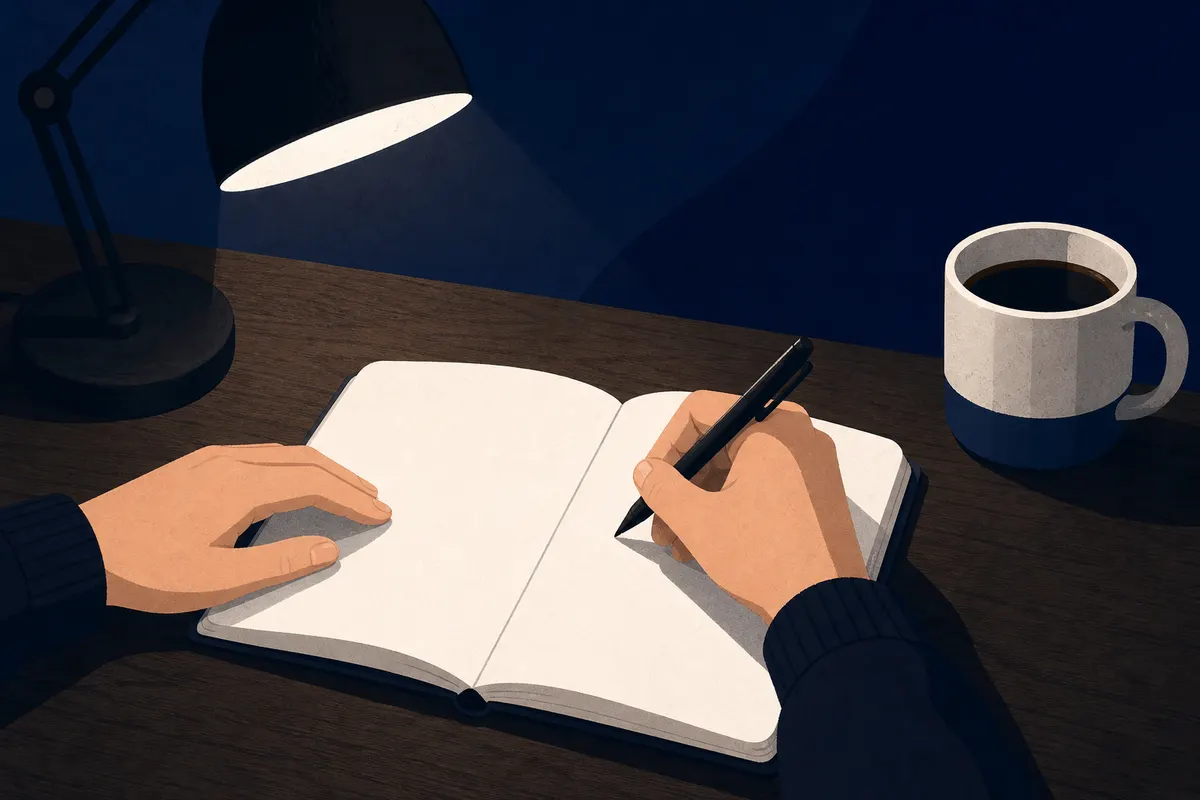 Uma pessoa escrevendo em um caderno com uma caneta, com uma xícara de café ao lado.